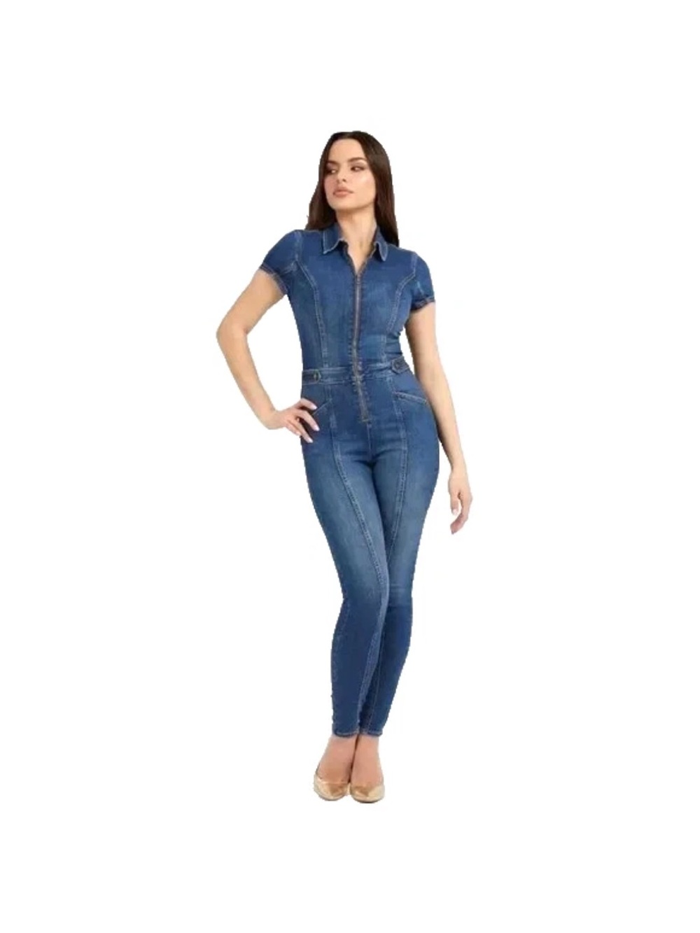 GUESS Casual Denim Jumpsuit One Piece Short Sleeve Zip Front Skinny Stretchy XS